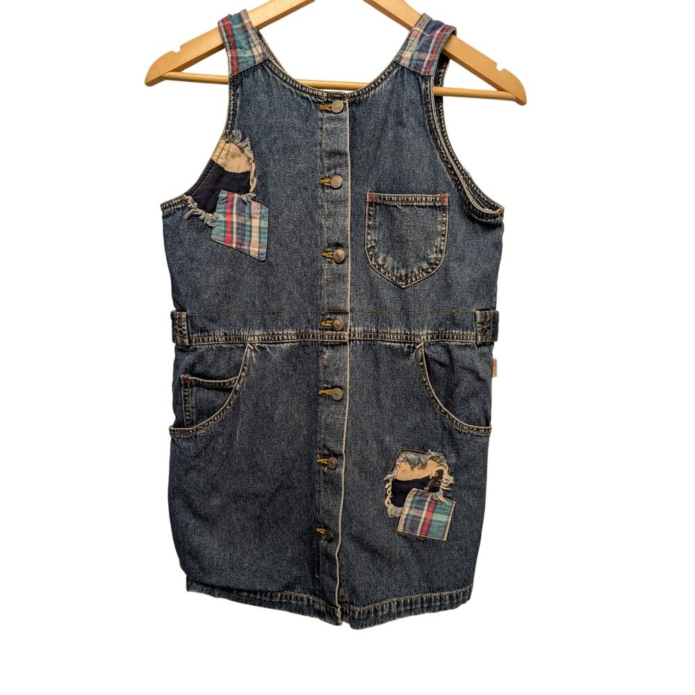 Espirit Denim Overall Dress Girl's Size M Patchwork Distressed Button Front 90s